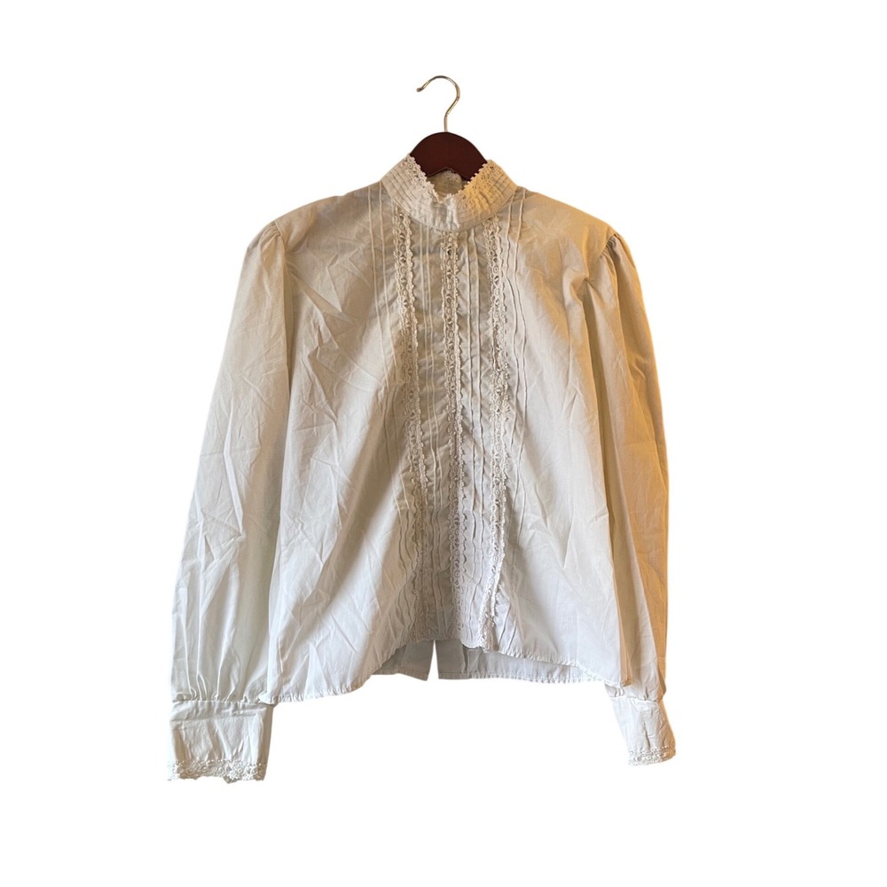 Vintage Notches White Victorian Lace Pintuck Blouse High Neck Button Back Sz M